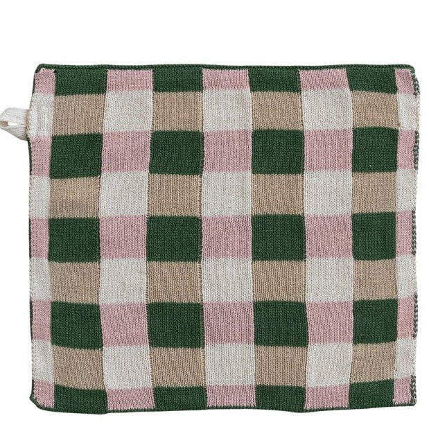 Plaid Knit Dish Cloth / Green and Pink Gingham - Harmony