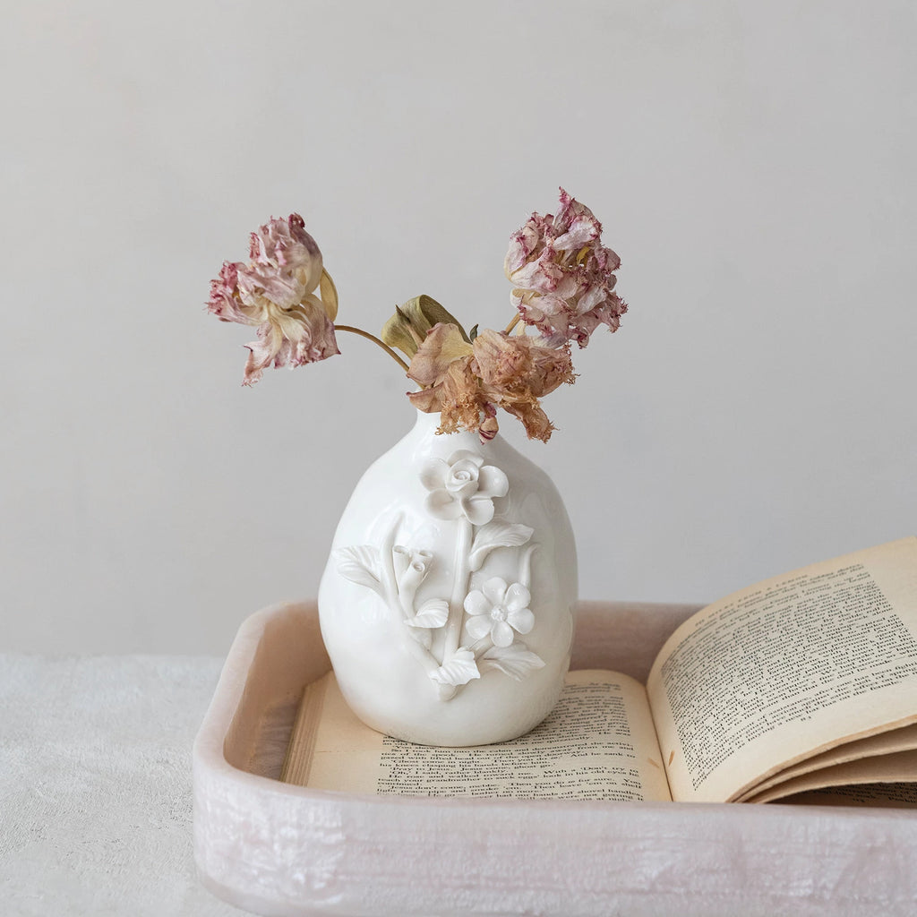Stoneware Vase with 3D Flowers - Harmony
