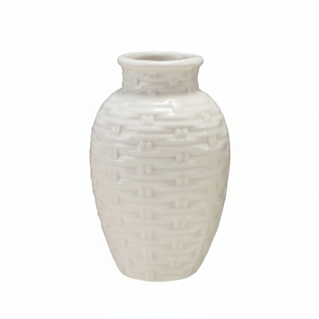 Embossed Stoneware Basket Weave Vases, Cream Color, Set of 3