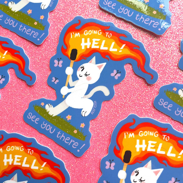 Stickers with cartoon cats and text on a pink background