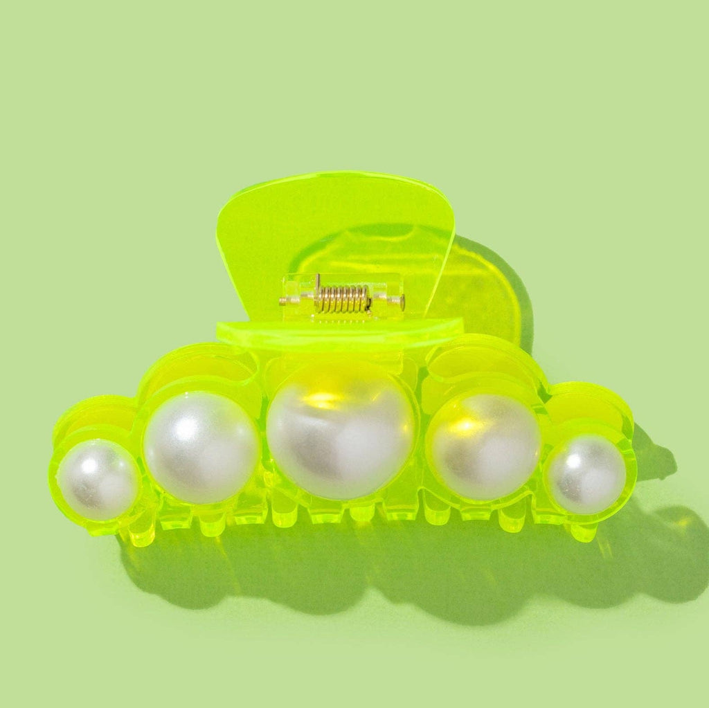 Large Claw Hair Clip / Neon Green with Pearl Beads - Harmony