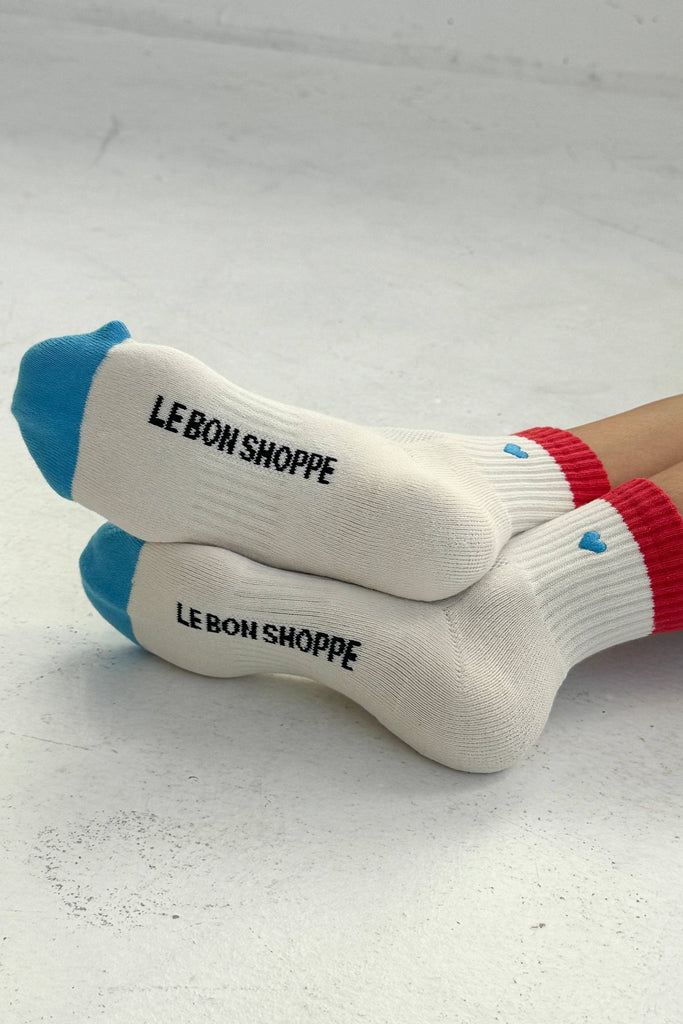 Embroidered Color Block Girlfriend Socks / Blue Red + Heart - Harmony