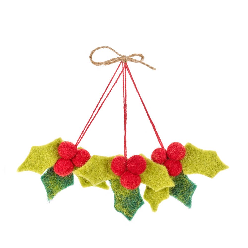 Mini Holly Sprig Set of 3 Wool Ornaments - Harmony