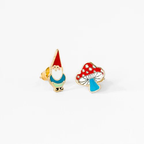 Mismatched Gnome and Mushroom Stud Earrings - Harmony