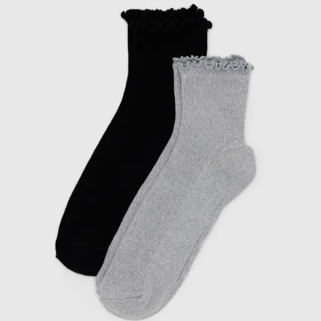 Baggu Lettuce Edge Sock - Set of 2 - Heather Grey & Black - Harmony
