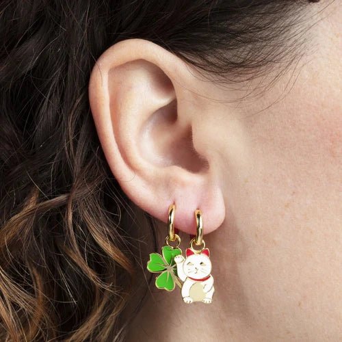 Mismatched Lucky Cat and Clover Hoop Earrings - Harmony