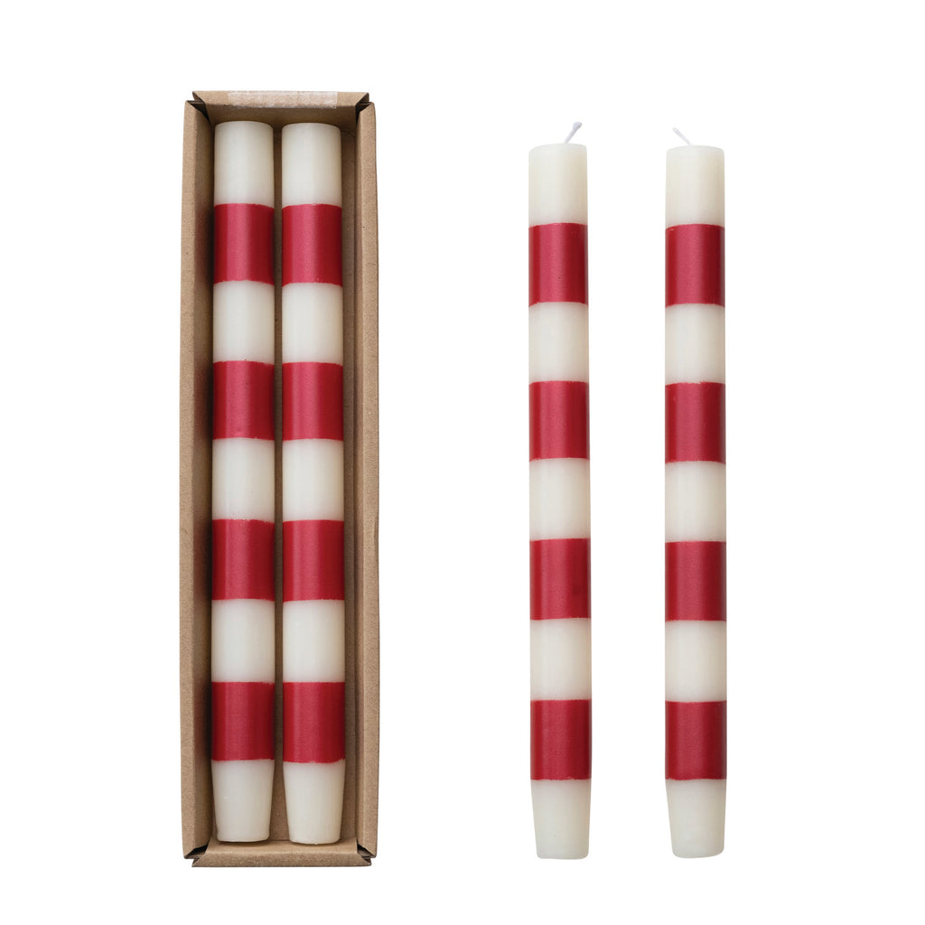 10"H Unscented Taper Candles w/ Stripes in Box, Set of 2 (Approximate Burn Time 15 Hours)