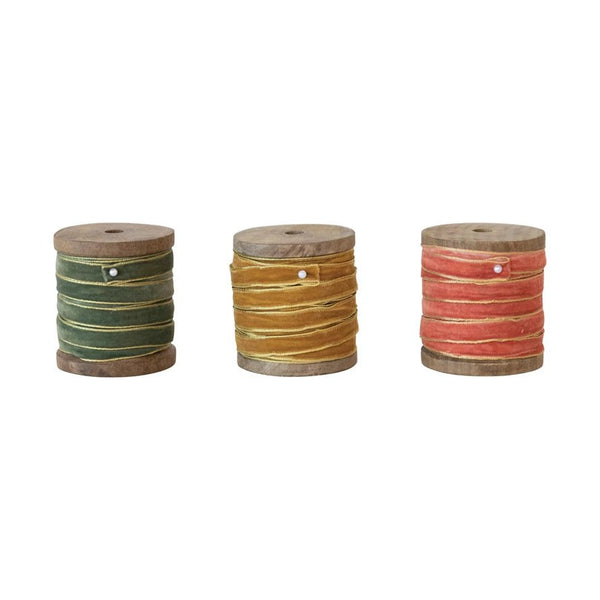 10 Yard Velvet Ribbon w/ Metallic Edges on Wood Spool, 3 Colors - Harmony