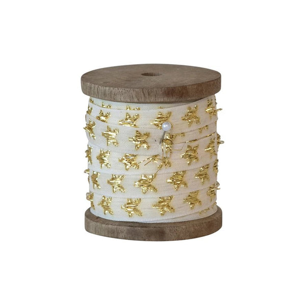 10 Yard Fabric Ribbon on Wood Spool - Natural w/Gold Stars - Harmony