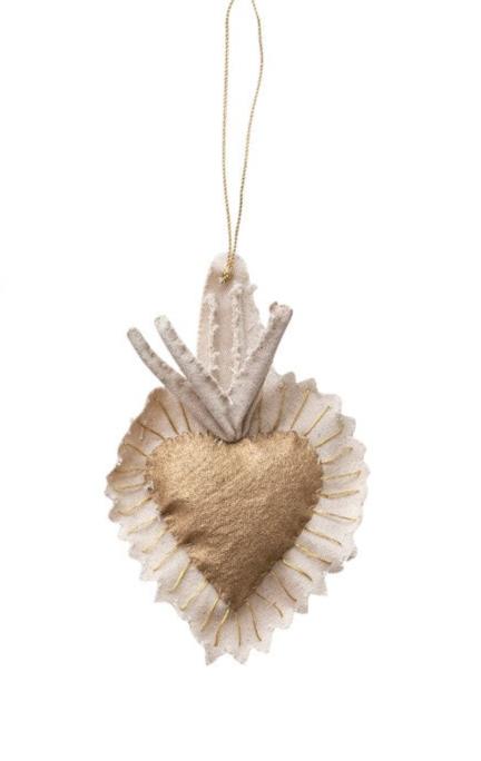 Handmade Canvas Sacred Heart Ornament w/ Embroidery, Cream & Gold Color, 3 Styles - Harmony