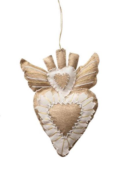 Handmade Canvas Sacred Heart Ornament w/ Embroidery, Cream & Gold Color, 3 Styles - Harmony