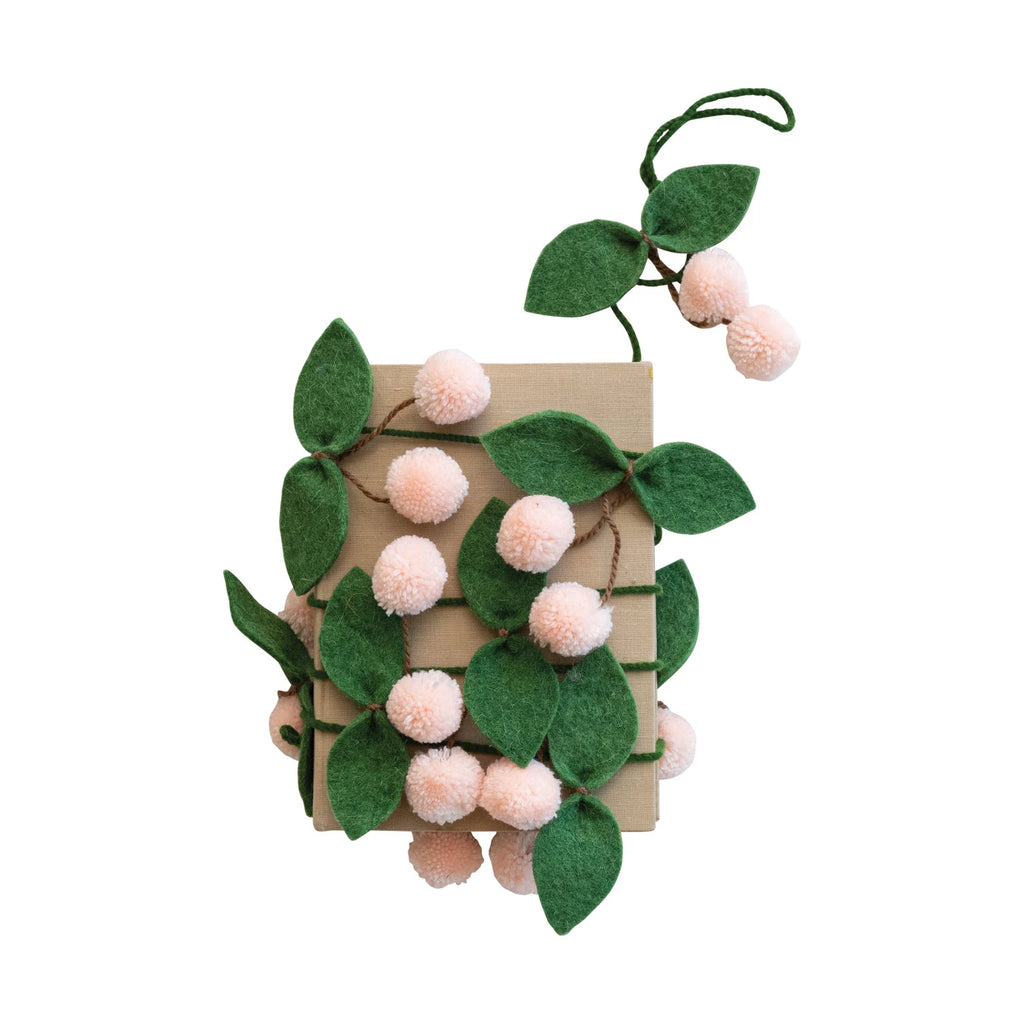 Handmade Wool Felt Leaves & Pom Pom Cherries Garland, Green, Pink & Brown - Harmony