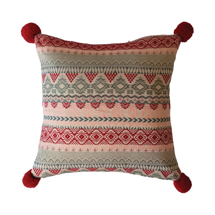 18" Square Woven Acrylic Jacquard Pillow w/ Velvet Back & Pom Poms - Harmony