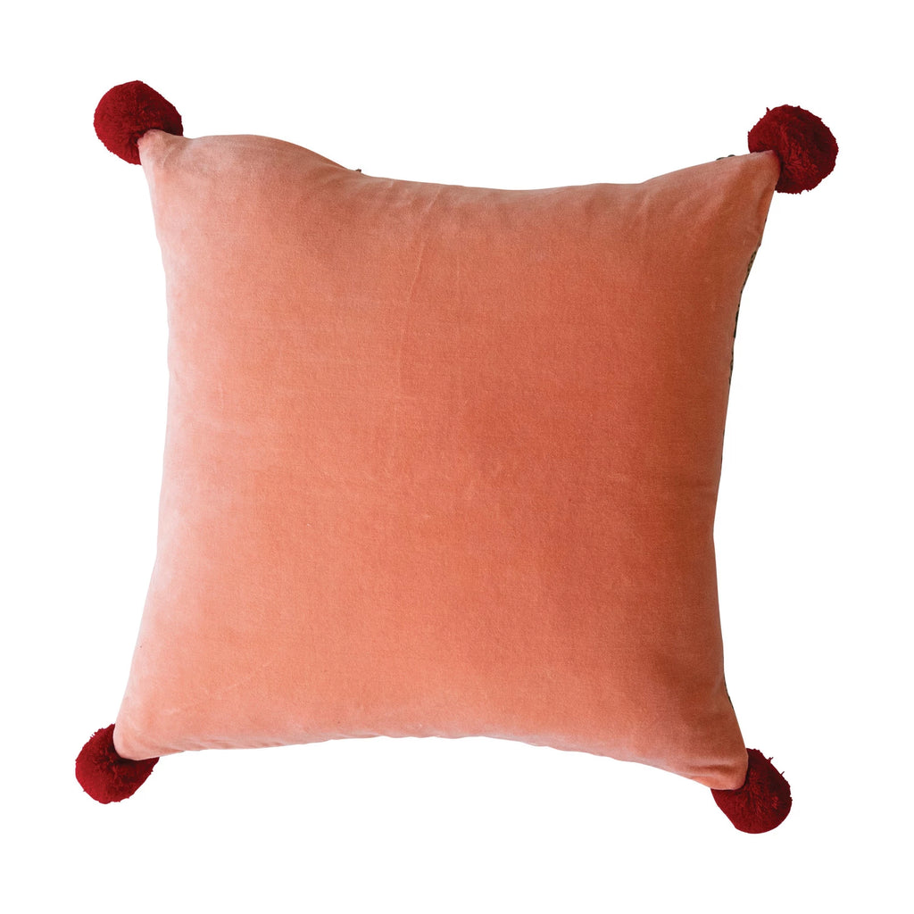 18" Square Woven Acrylic Jacquard Pillow w/ Velvet Back & Pom Poms - Harmony