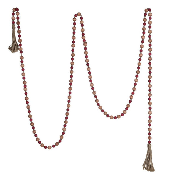 Paulownia Wood Bead Garland with Jute Tassels, Pink and Red - Harmony