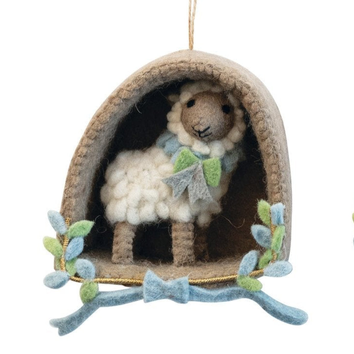 5"L x 5"H Handmade Wool Felt Animal Ornament with Bow, 2 Styles ©