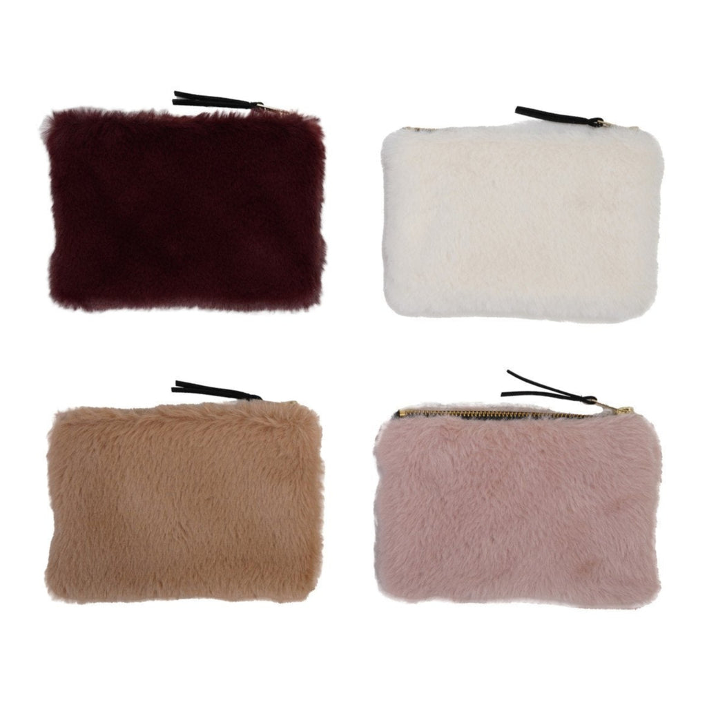 Faux Fur Fabric Zip Pouch with Interior Lining, 4 Colors