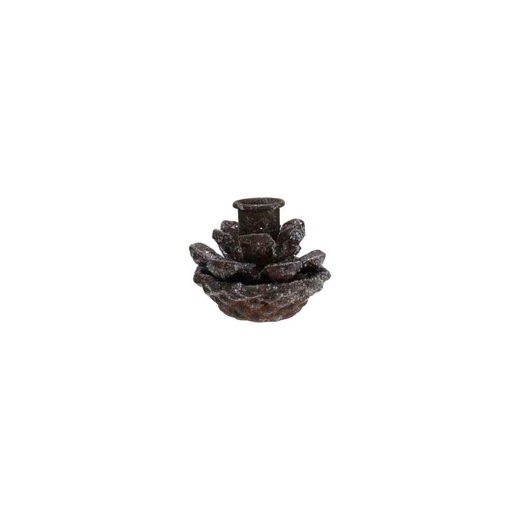 3" Round x 2-1/2"H Metal Pinecone Taper Holder, Ice Finish, Brown