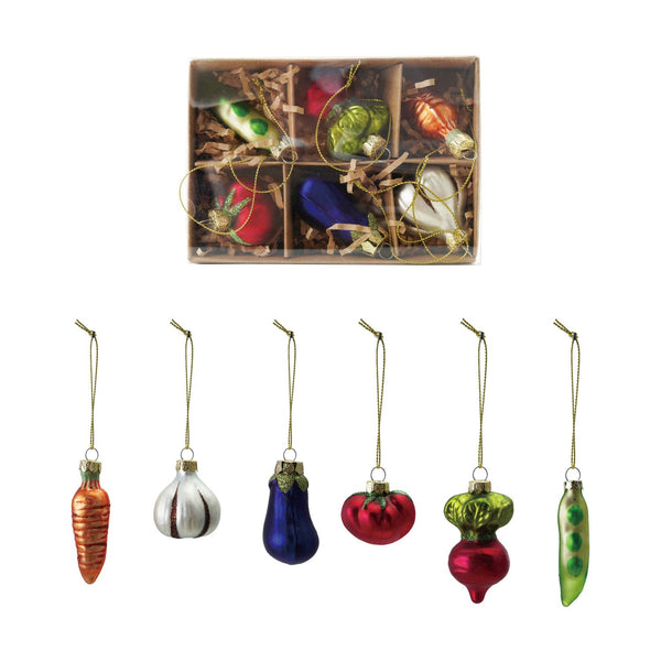 Glass Vegetable Ornaments with Glitter, Boxed Set of 6