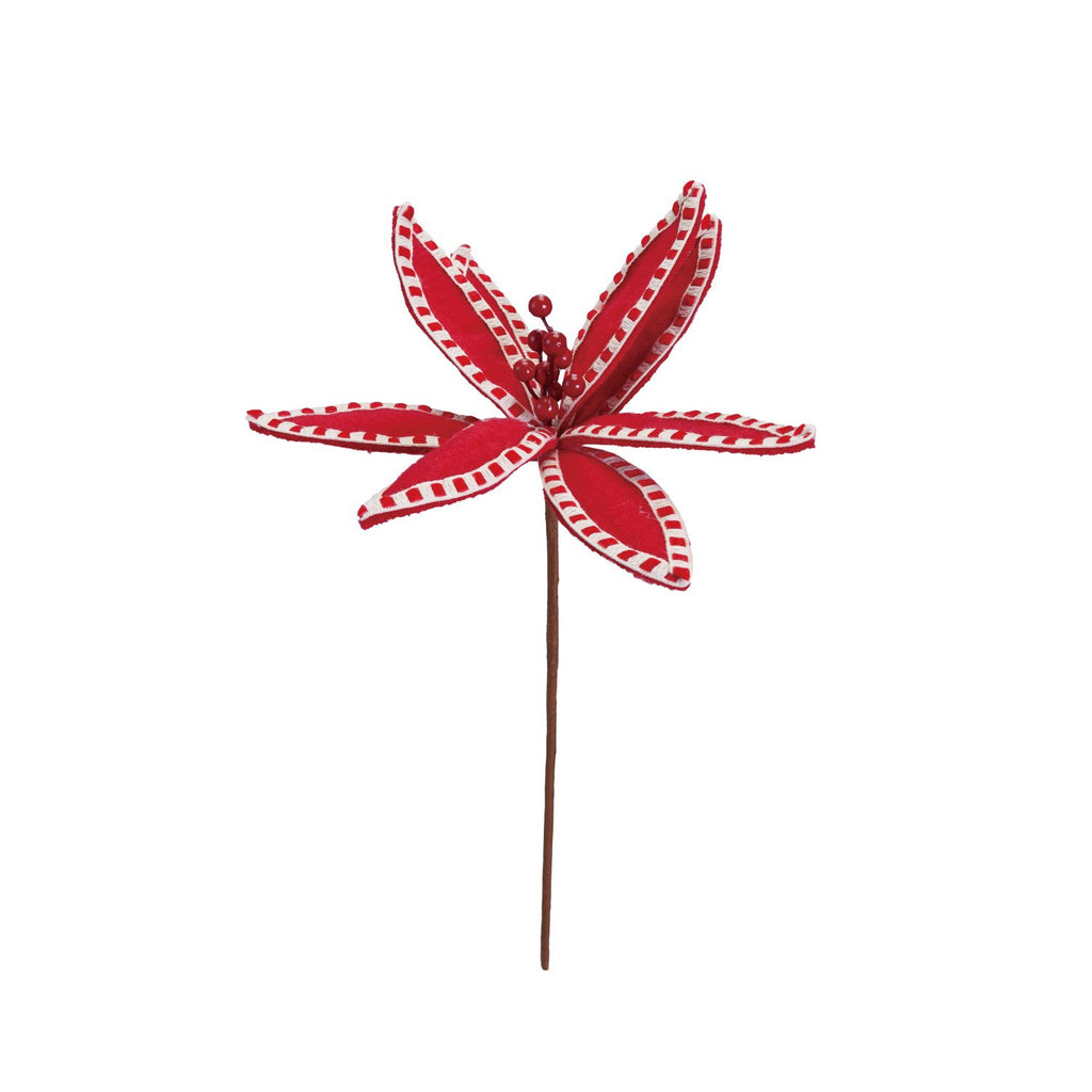 15"H Fabric Poinsettia Pick with Stitching, Red & Cream Color
