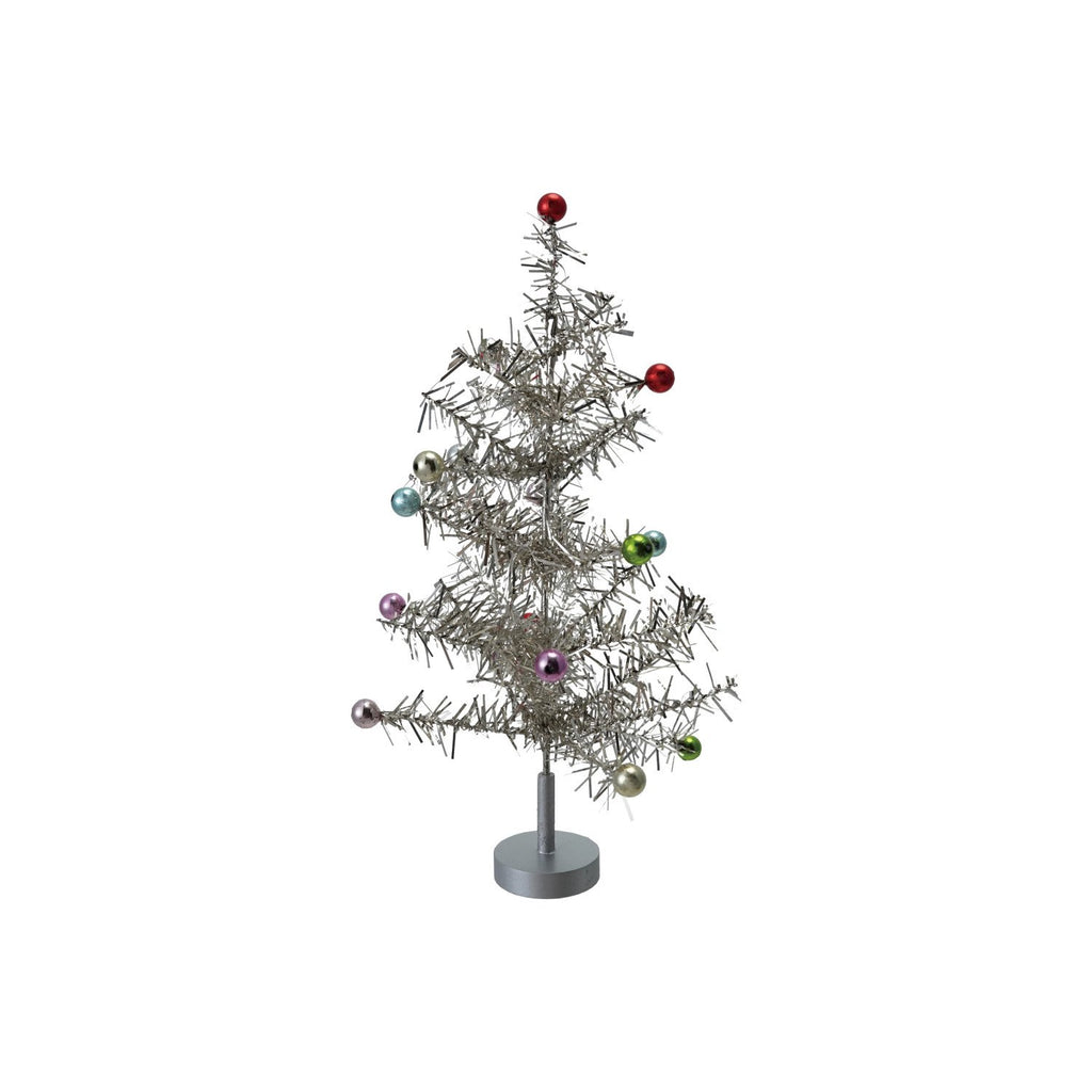 Tinsel Tree with Multi Color Ball Ornaments, Silver Finish