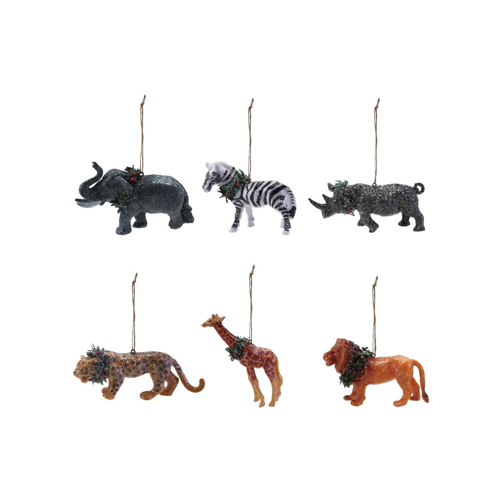 Plastic Safari Animal Ornament with Wreath with Sugar, 6 Styles