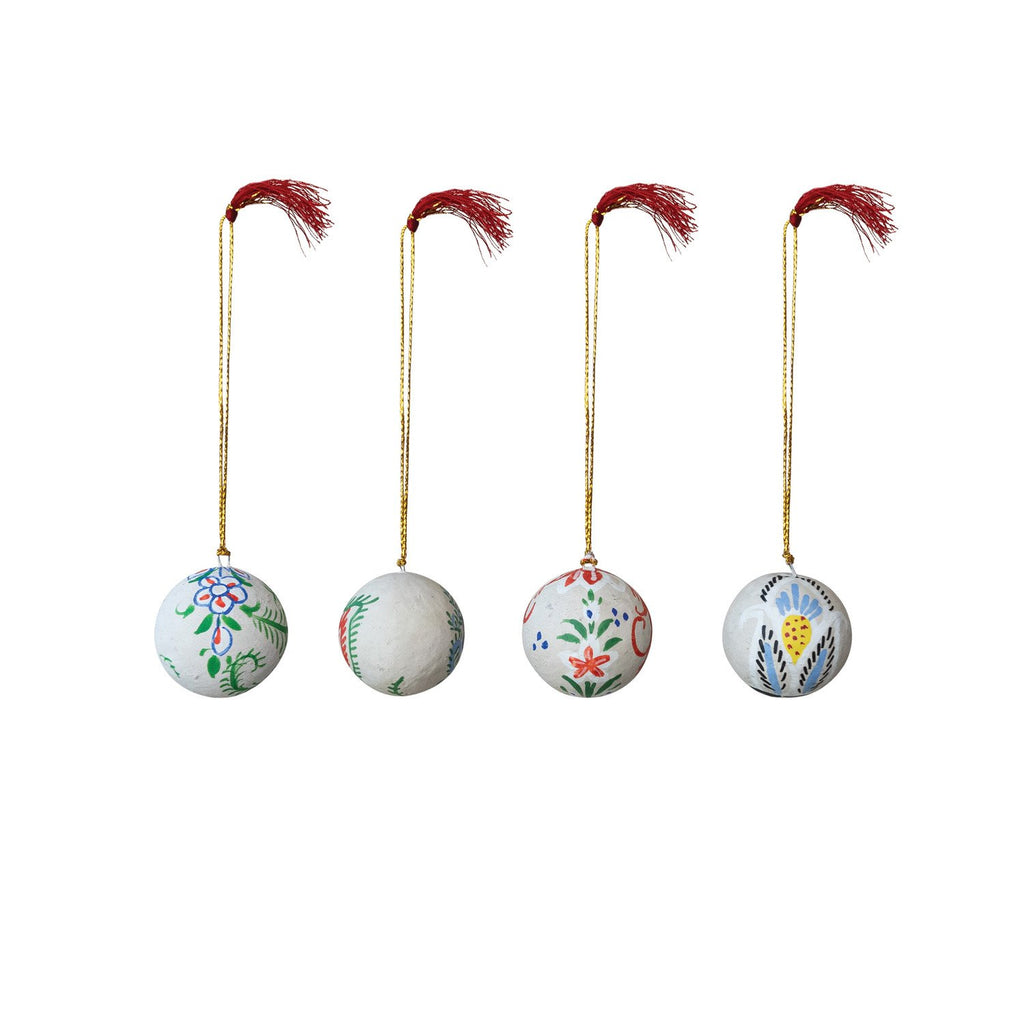 Hand-Painted Paper Mache Ball Ornament with Tassel, 4 Styles