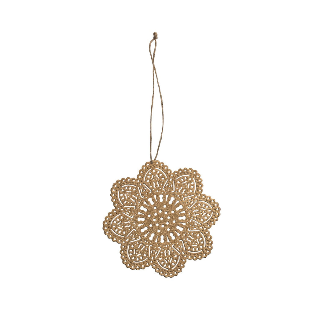 Embossed Metal Snowflake Ornament with Punched Pattern, Gold Finish