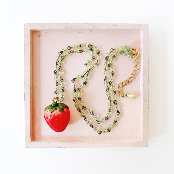 Strawberry Charm Necklace with Green Beads - Harmony