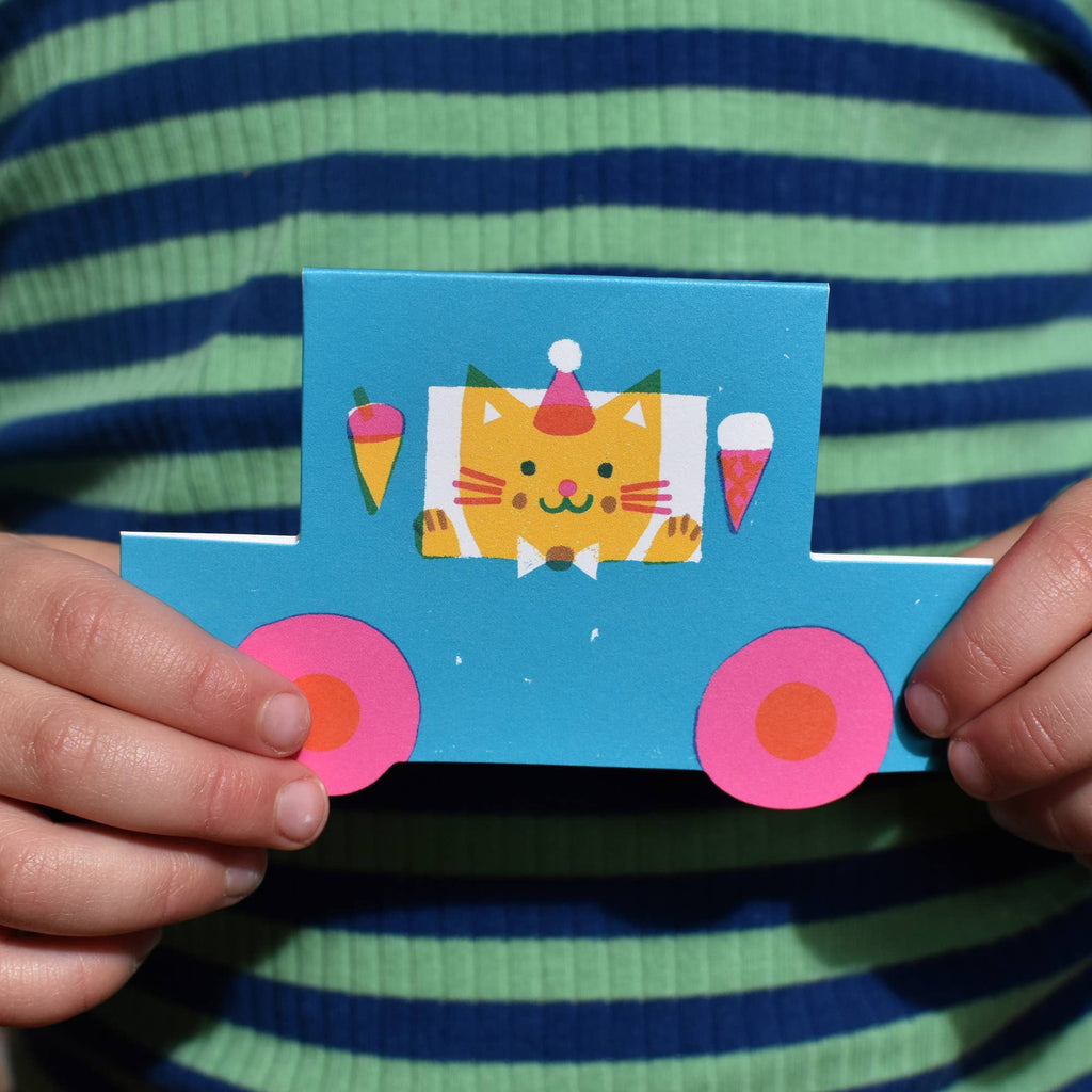 Party Cat Little Blue Car Die Cut Card - Harmony