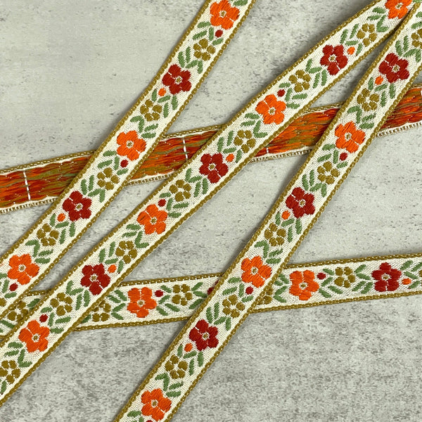 Orange Retro Floral Vintage Jacquard Ribbon - Harmony