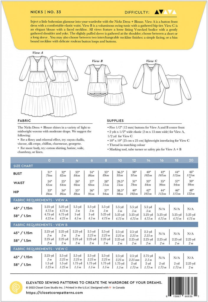 Closet Core Patterns / Nicks Dress and Blouse - Harmony